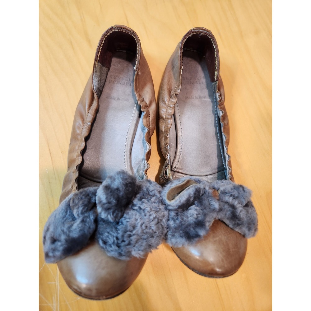 Brunello Cucinelli Ballet Flats Fur Bow Leather Brown Made in Italy